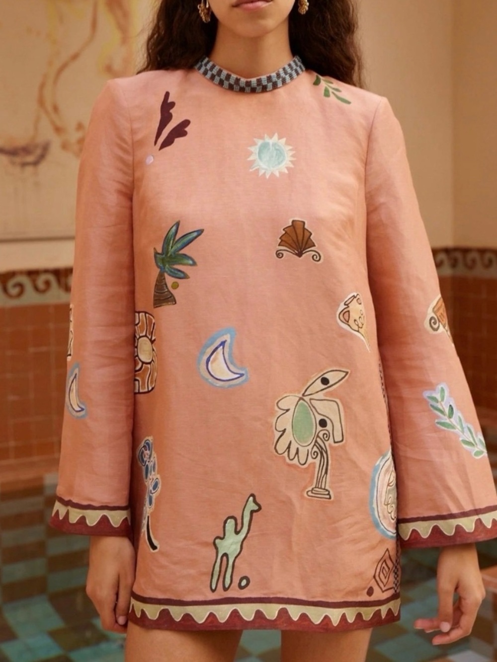 Alemais Laurence bead-embellished printed linen and silk-blend mini dress
